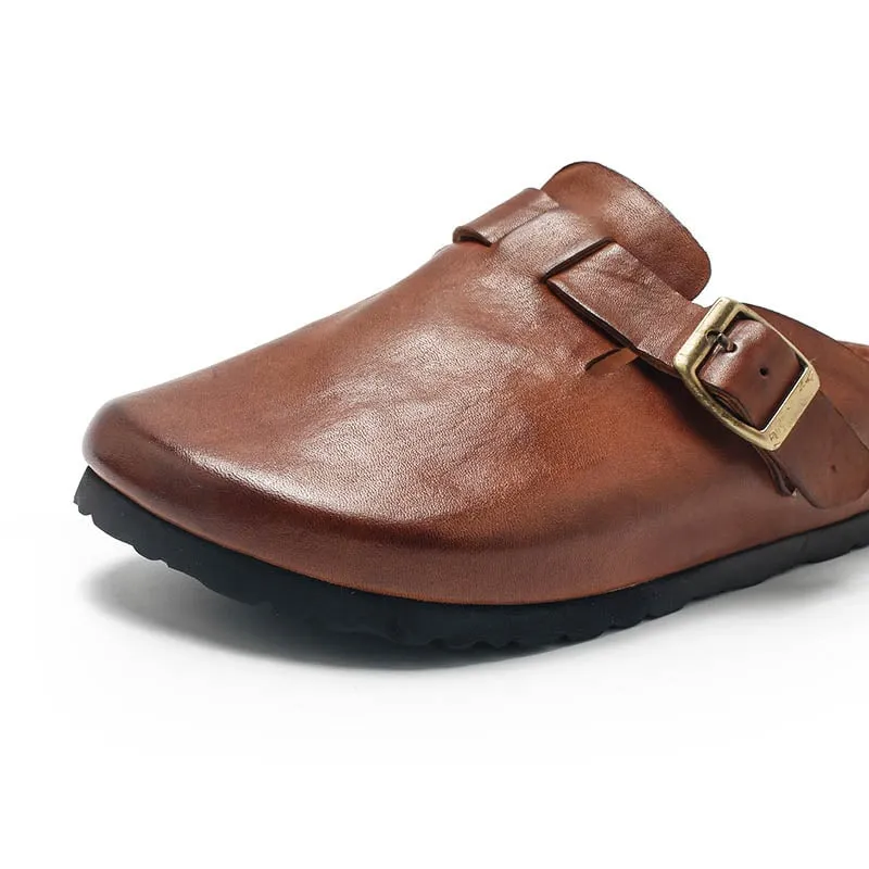 Handmade Horse Leather Slippers with Buckle in Brown/Black/Coffee