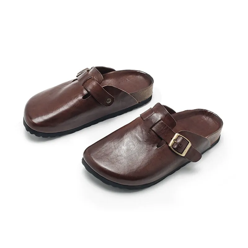 Handmade Horse Leather Slippers with Buckle in Brown/Black/Coffee