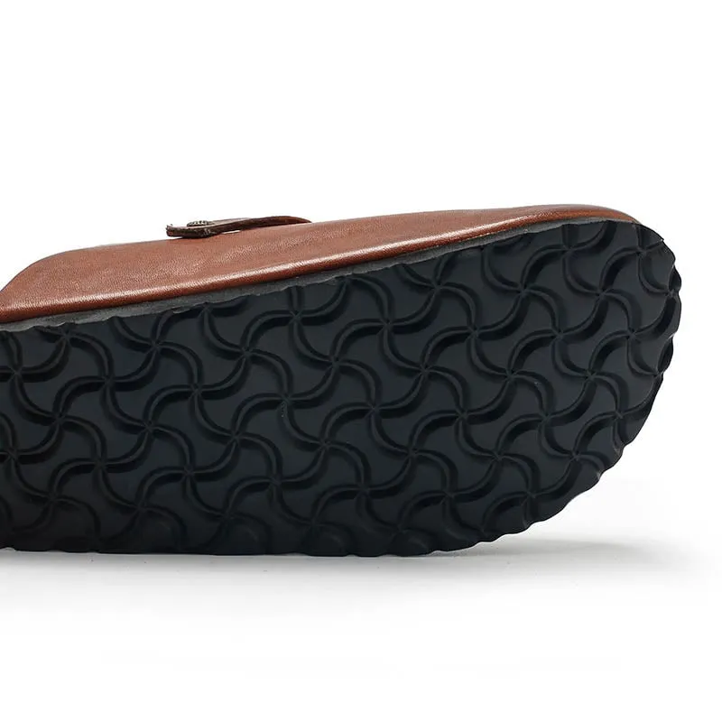 Handmade Horse Leather Slippers with Buckle in Brown/Black/Coffee