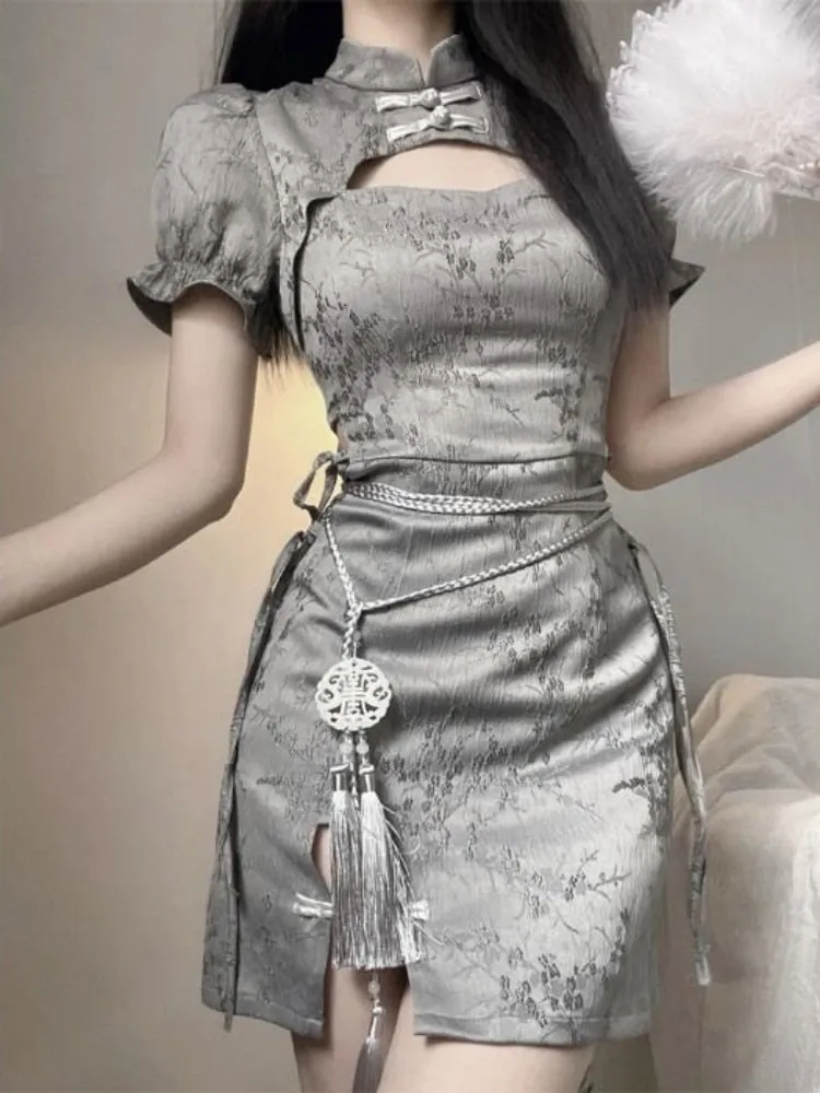 Purpdrank - Vintage Chinese Style Cheongsam Dress Women Retro Sexy Bodycon Wrap Split Puff Sleeve Short Dresses Fashion