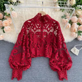 Wjczt Sexy Lace Hollow Out Short Blouse Casual Lantern Long Sleeve Stand Collar Shirts Female Elegant Red/Pink/White Loose Tops 2021