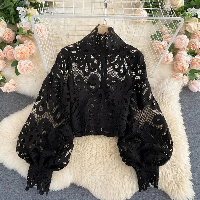 Wjczt Sexy Lace Hollow Out Short Blouse Casual Lantern Long Sleeve Stand Collar Shirts Female Elegant Red/Pink/White Loose Tops 2021