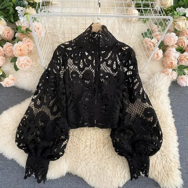 Wjczt Sexy Lace Hollow Out Short Blouse Casual Lantern Long Sleeve Stand Collar Shirts Female Elegant Red/Pink/White Loose Tops 2021