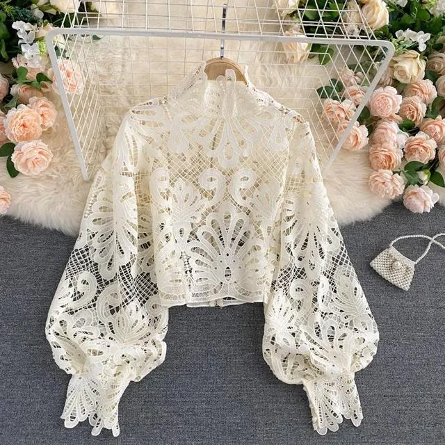 Wjczt Sexy Lace Hollow Out Short Blouse Casual Lantern Long Sleeve Stand Collar Shirts Female Elegant Red/Pink/White Loose Tops 2021