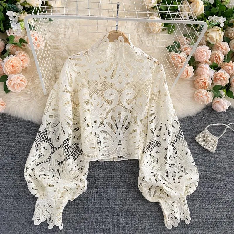 Wjczt Sexy Lace Hollow Out Short Blouse Casual Lantern Long Sleeve Stand Collar Shirts Female Elegant Red/Pink/White Loose Tops 2021