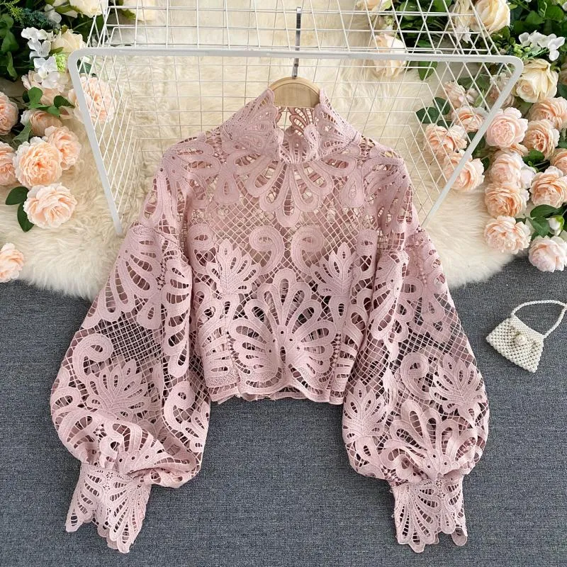 Wjczt Sexy Lace Hollow Out Short Blouse Casual Lantern Long Sleeve Stand Collar Shirts Female Elegant Red/Pink/White Loose Tops 2021