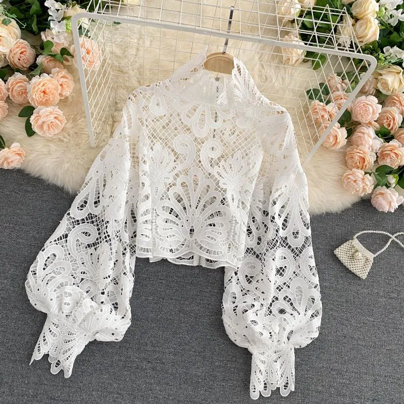 Wjczt Sexy Lace Hollow Out Short Blouse Casual Lantern Long Sleeve Stand Collar Shirts Female Elegant Red/Pink/White Loose Tops 2021