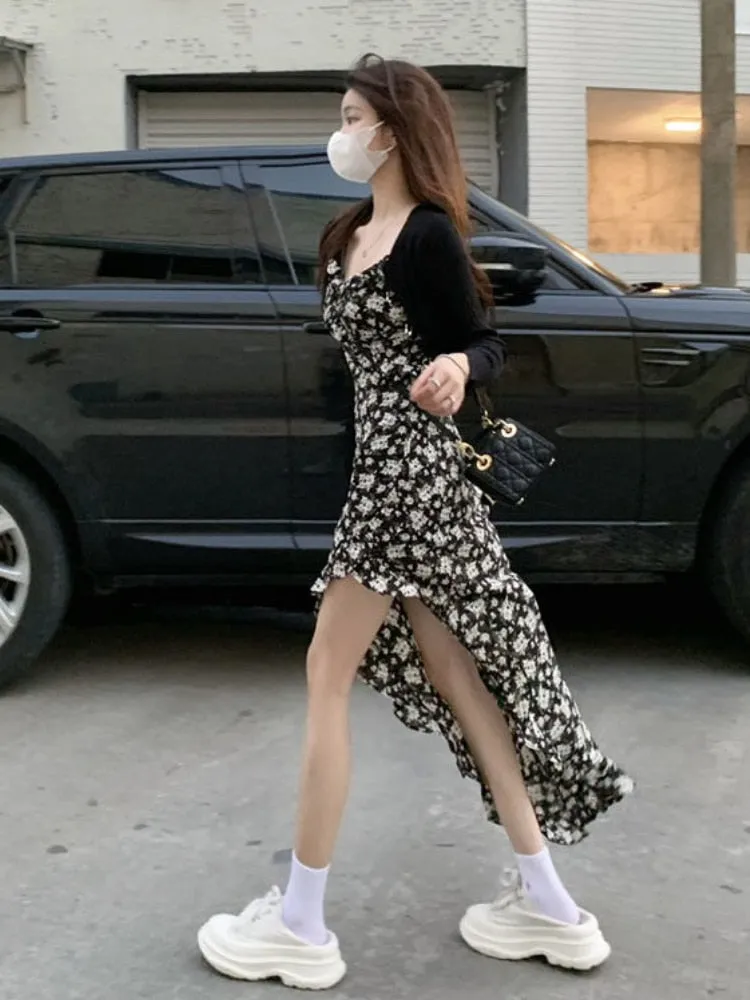 Wjczt Sleeveless Dress Women Floral Side-slit Sundress Bodycon Retro Irregular Prairie Girlish Sweet Sexy Retro Harajuku Design Cool