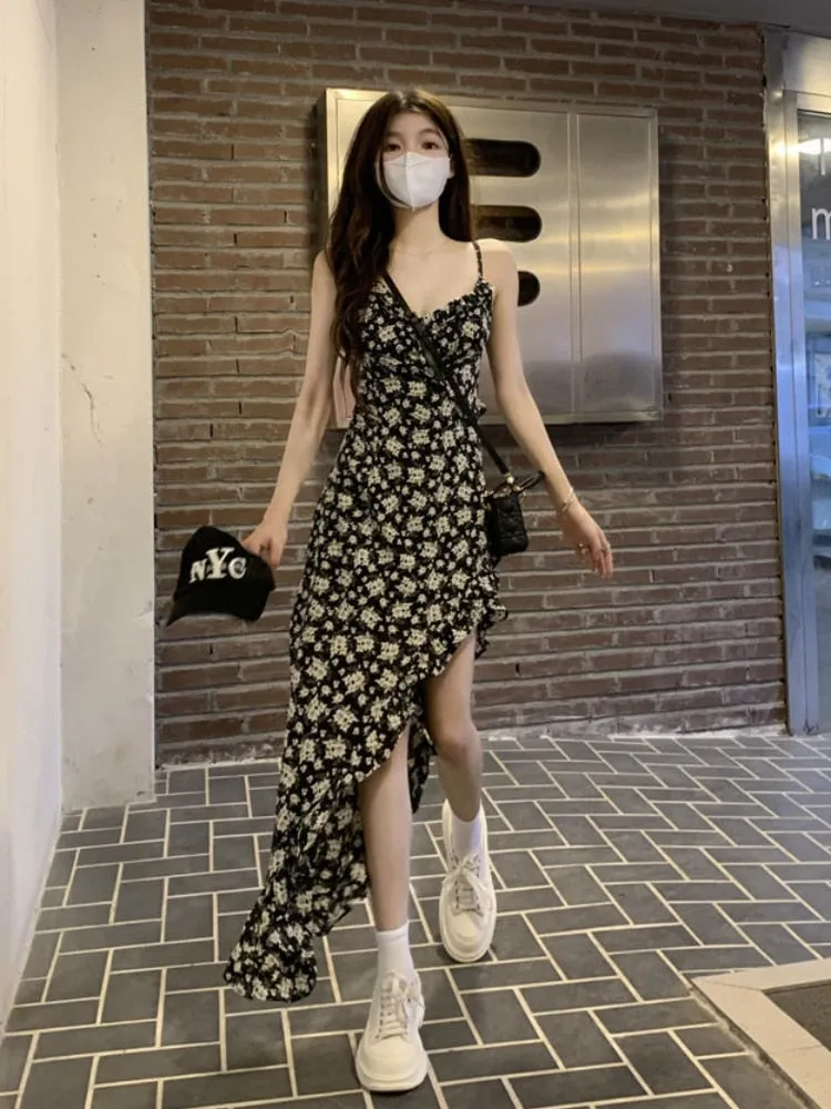 Wjczt Sleeveless Dress Women Floral Side-slit Sundress Bodycon Retro Irregular Prairie Girlish Sweet Sexy Retro Harajuku Design Cool