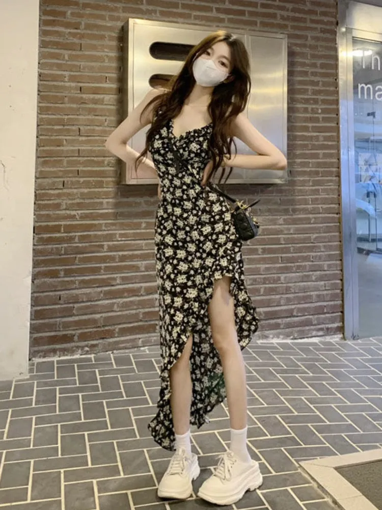 Wjczt Sleeveless Dress Women Floral Side-slit Sundress Bodycon Retro Irregular Prairie Girlish Sweet Sexy Retro Harajuku Design Cool